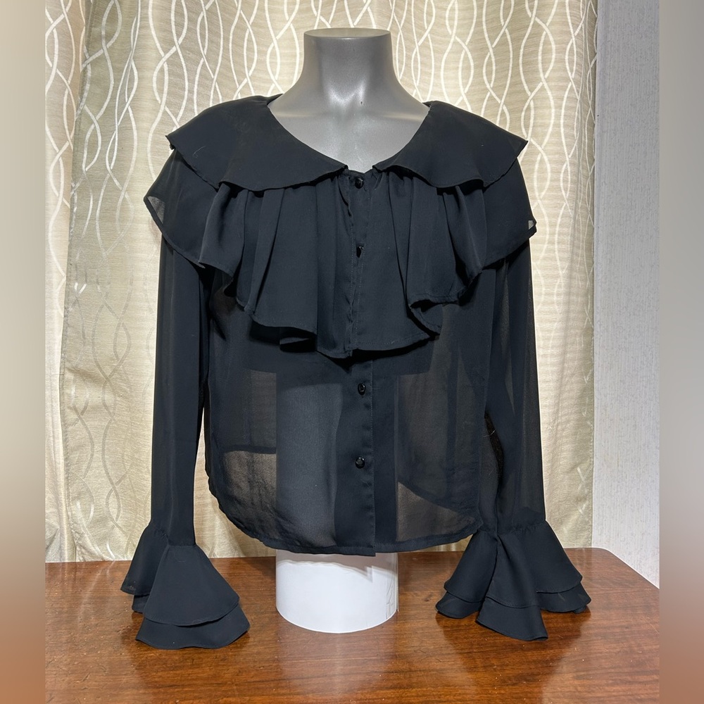Elegant Black Ruffled Women's Long Sleeved With Flare Cuffs Top